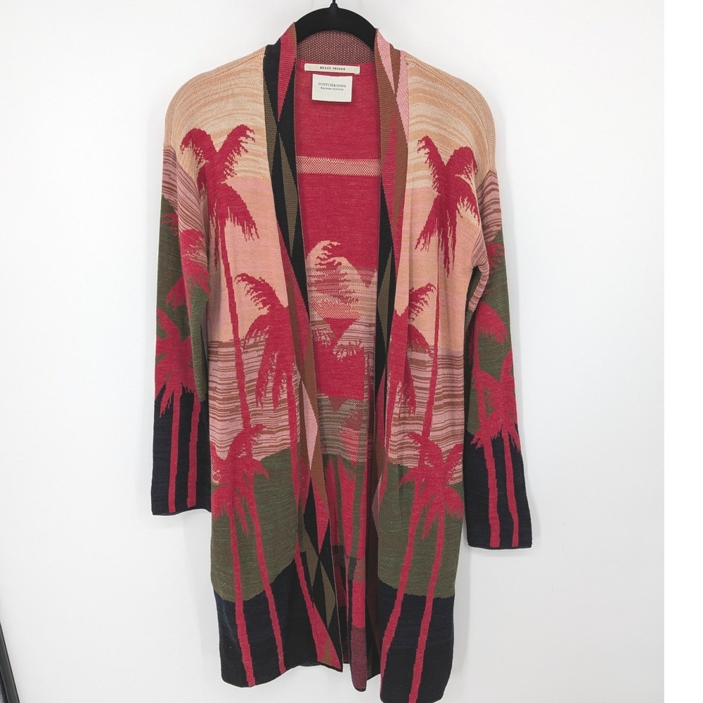 Scotch & Soda Cardigan Womens XS Red‎ Palm Tree Intarsia Beach Freaks Duster
